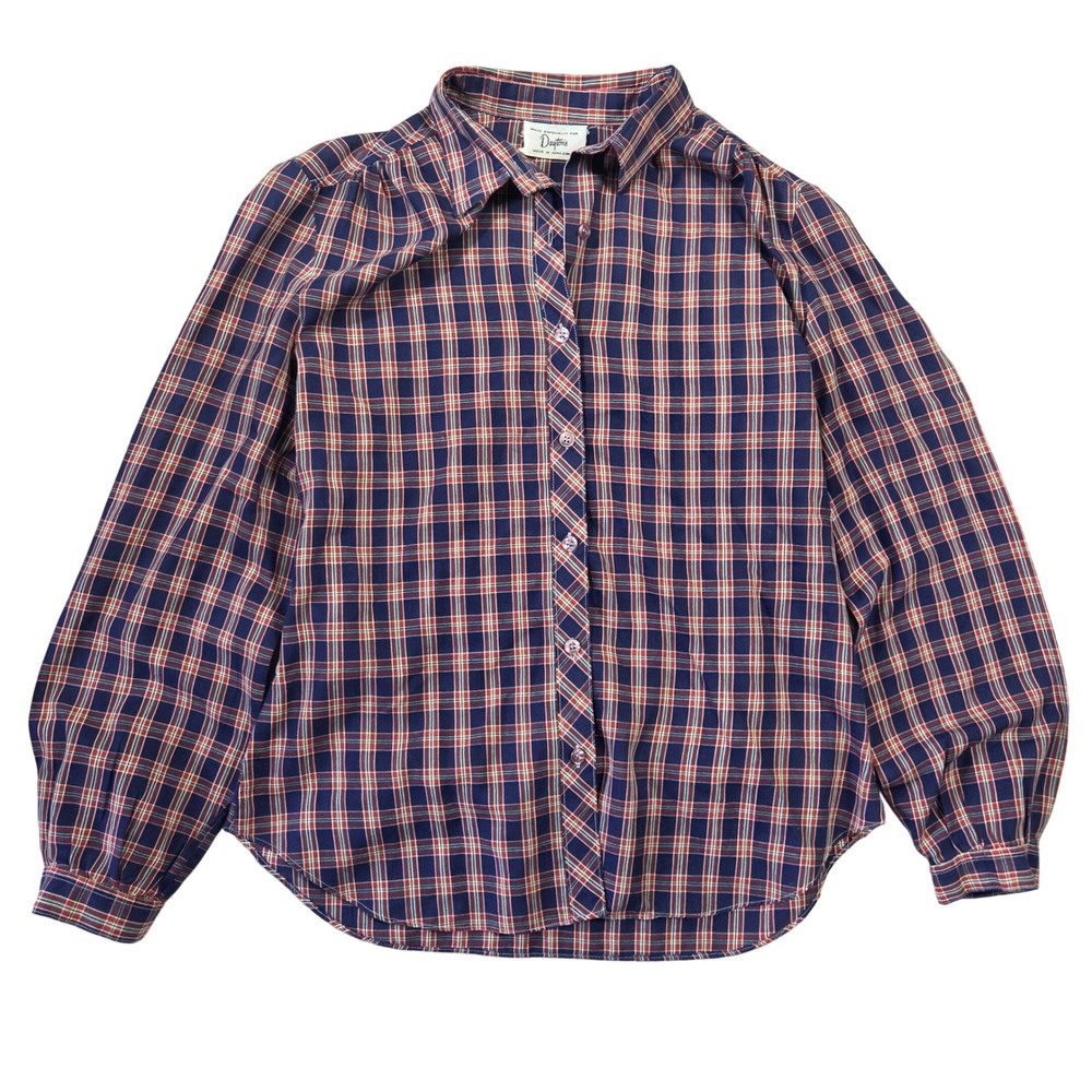 Daytons Vintage 80s Plaid Button Down Shirt Navy Blue Long Sleeve Blouse Retro